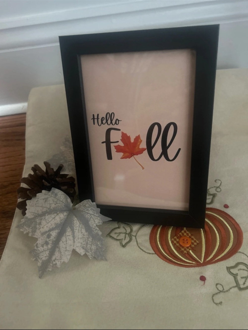 Hello Fall Framed Art Print - Black Frame, Orange Leaf 4x6